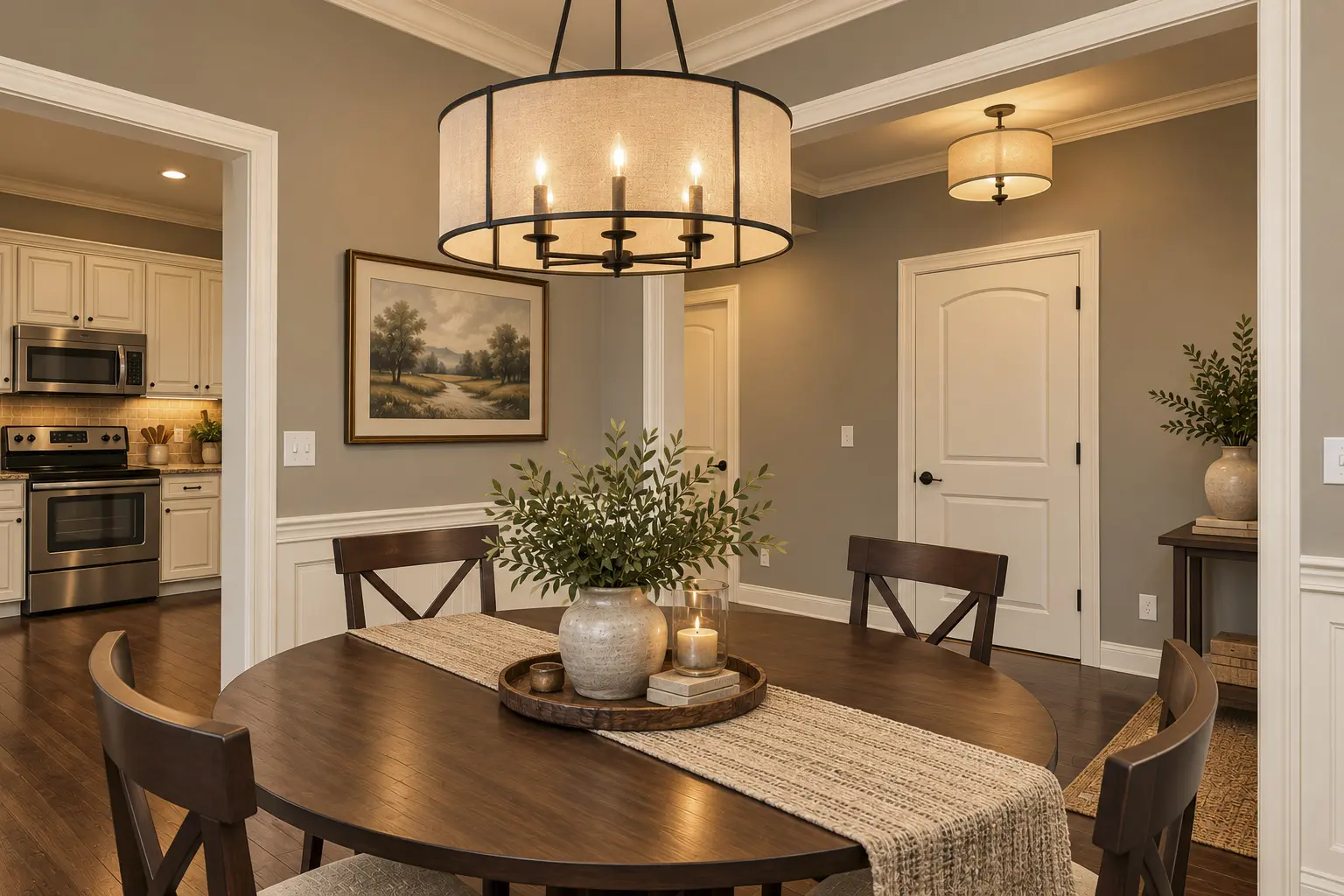 Elegant dining area, kitchen visible