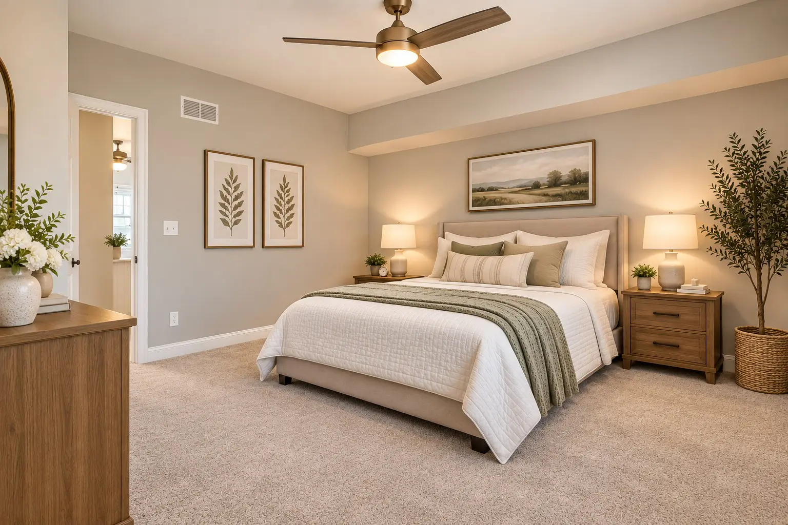 Cozy neutral bedroom with ceiling fan