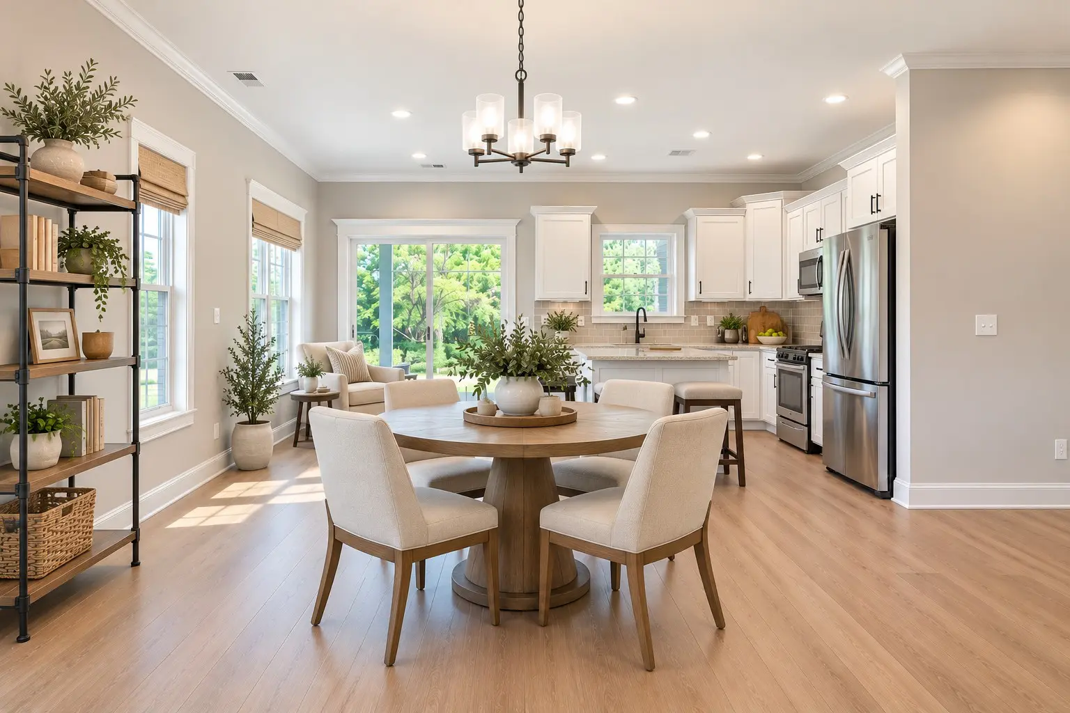 Stylish dining table and kitchen interior