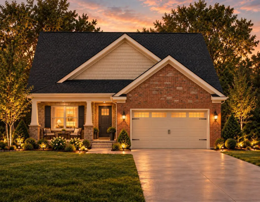 Brick house with illuminated porch and garage at sunset