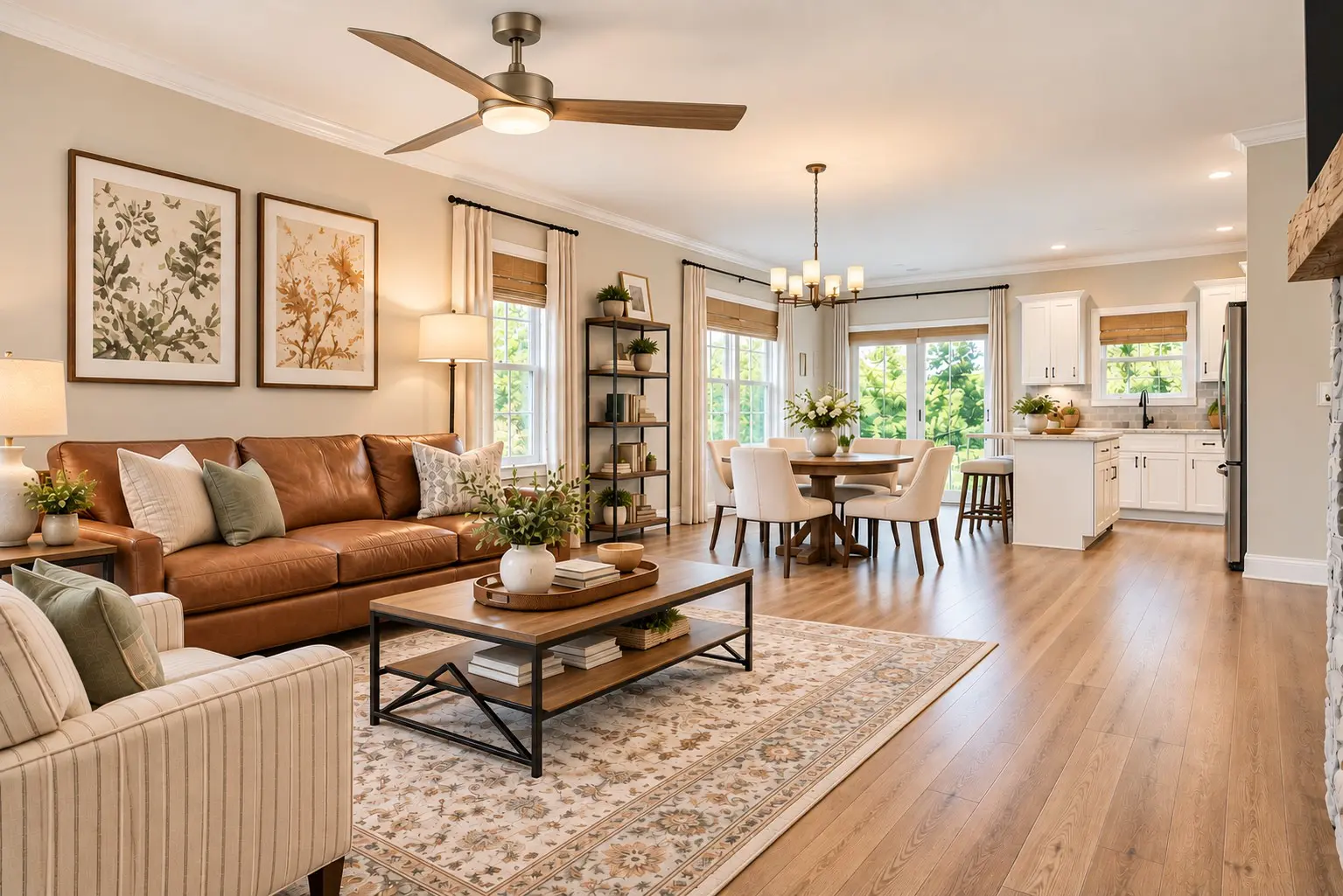 Open concept living room, dining room, kitchen