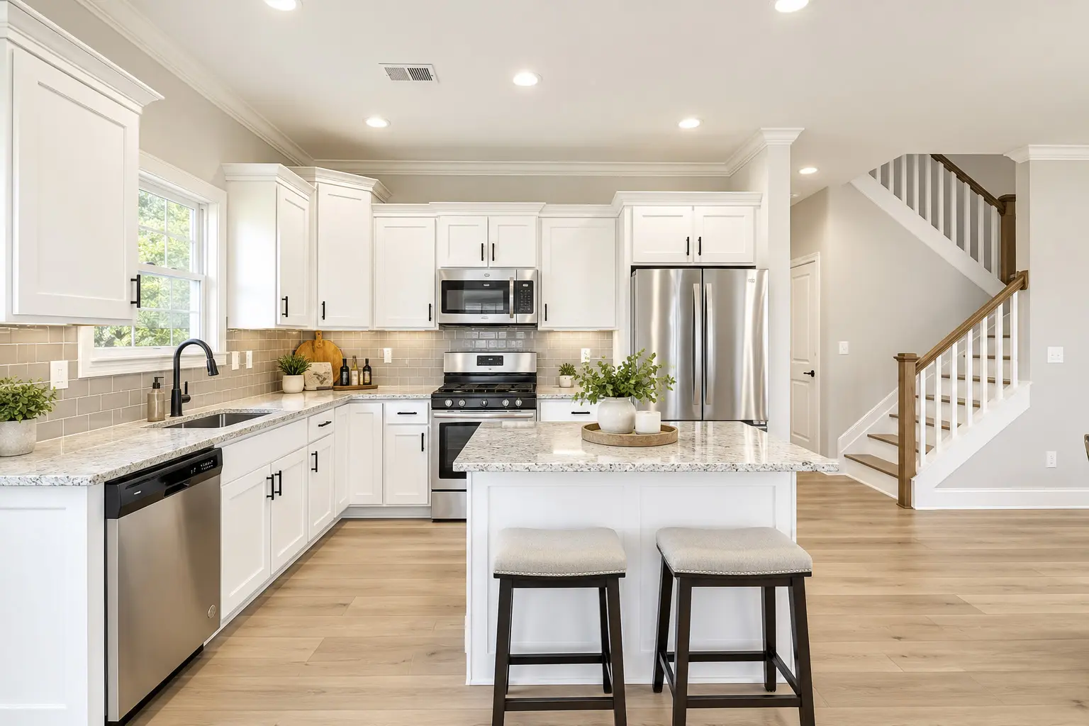 Modern kitchen with white cabinets and island