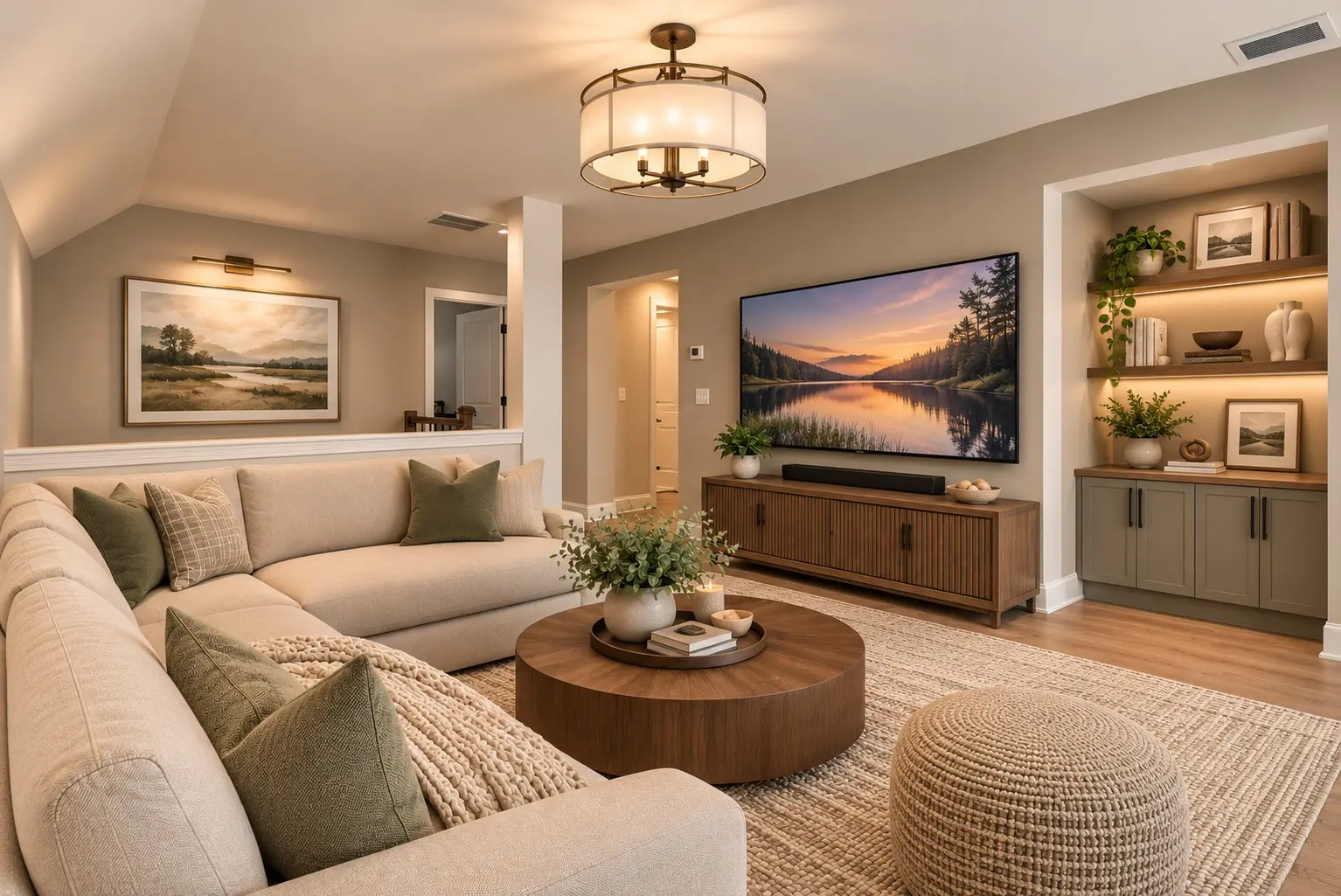 Stylish basement lounge with comfy couch