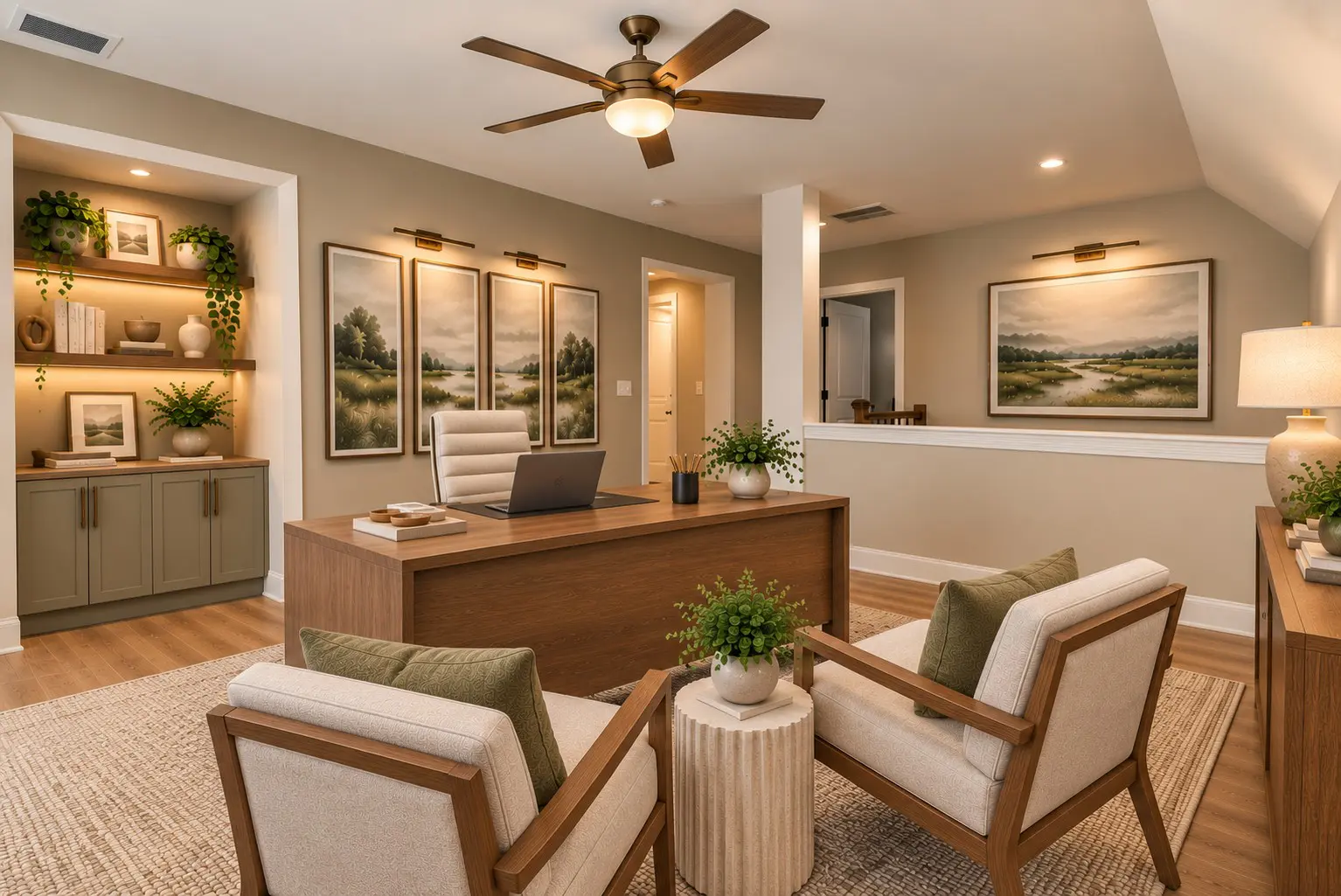 Modern study room with nature artwork