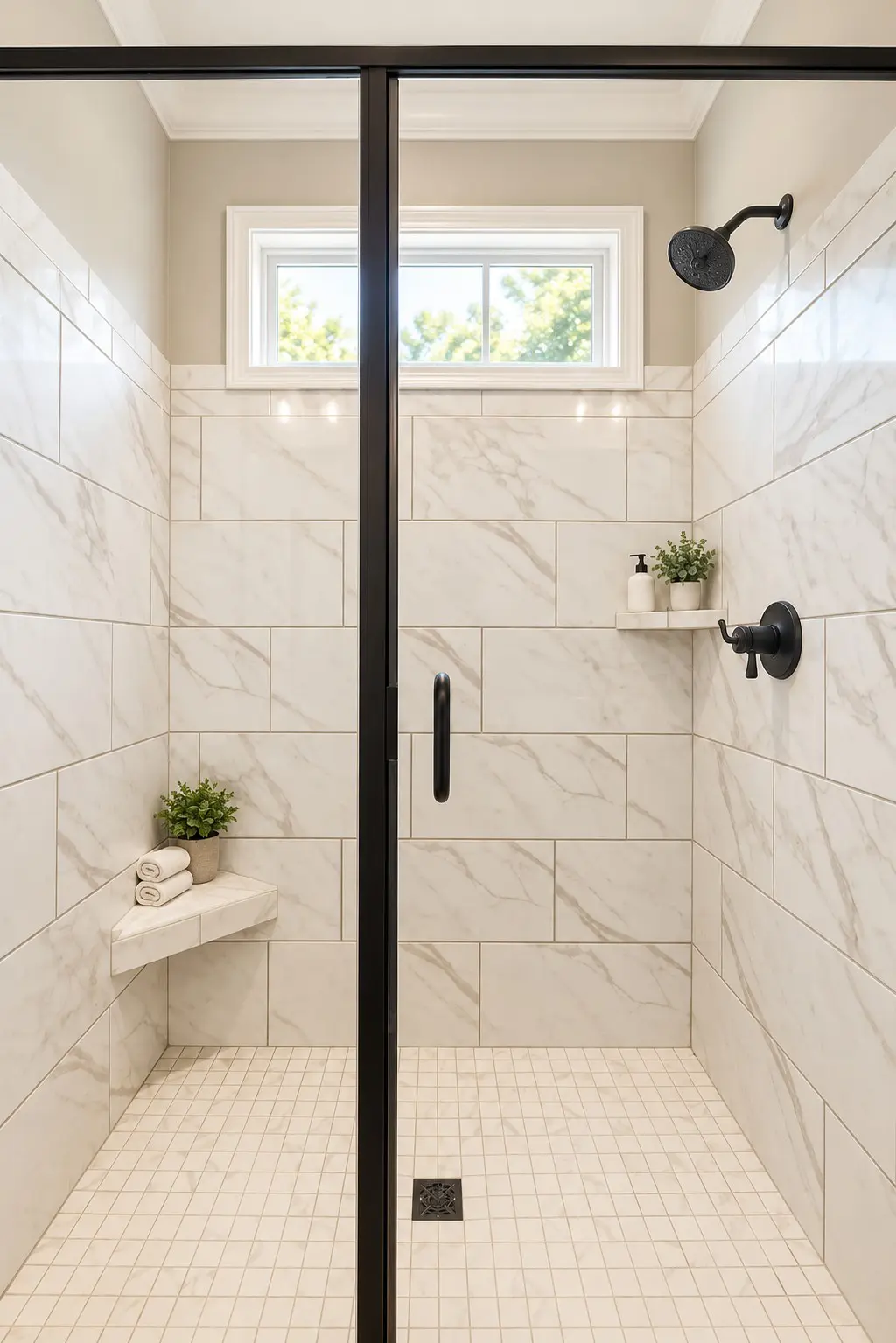 Luxurious bathroom shower with white marble and glass