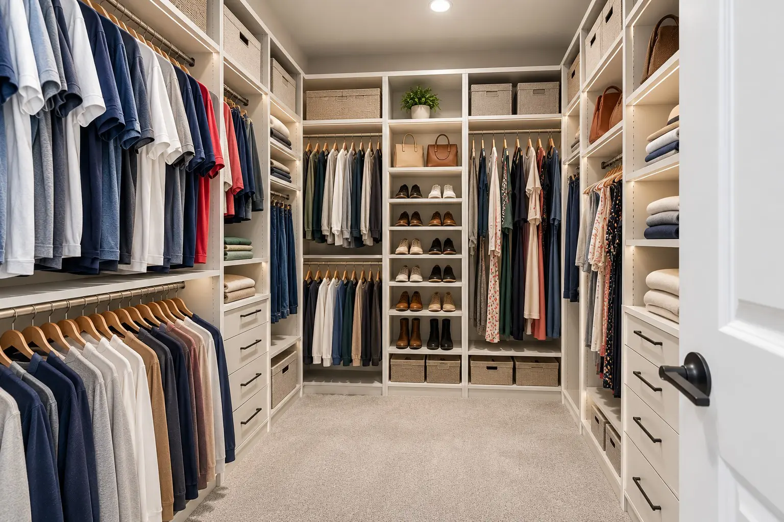 Modern closet with hanging clothes and shelving
