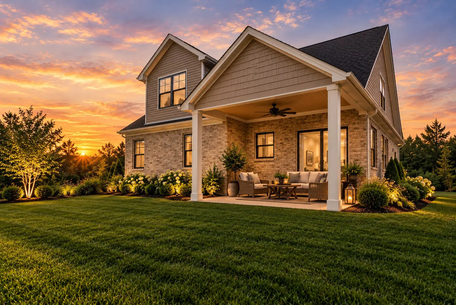 Beautiful brick house with illuminated landscaping