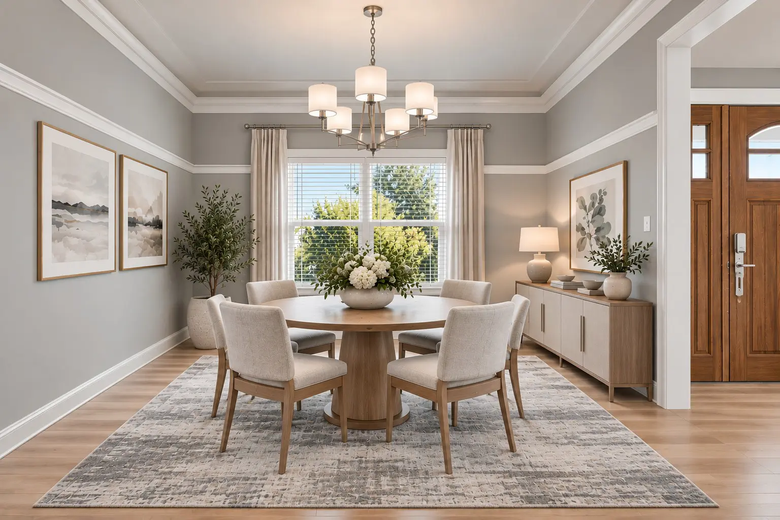 Elegant dining area with natural light and decor