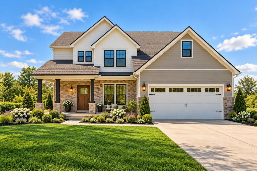 New suburban house with green lawn and driveway