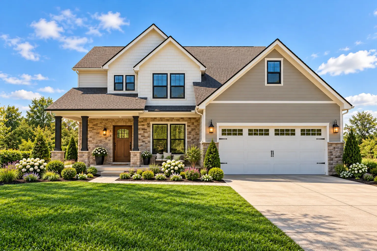 New suburban house with green lawn and driveway