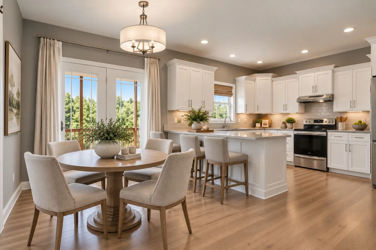 Bright kitchen with white cabinets and island