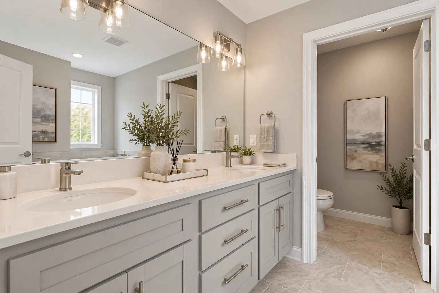 Stylish bathroom with gray cabinets and double sinks