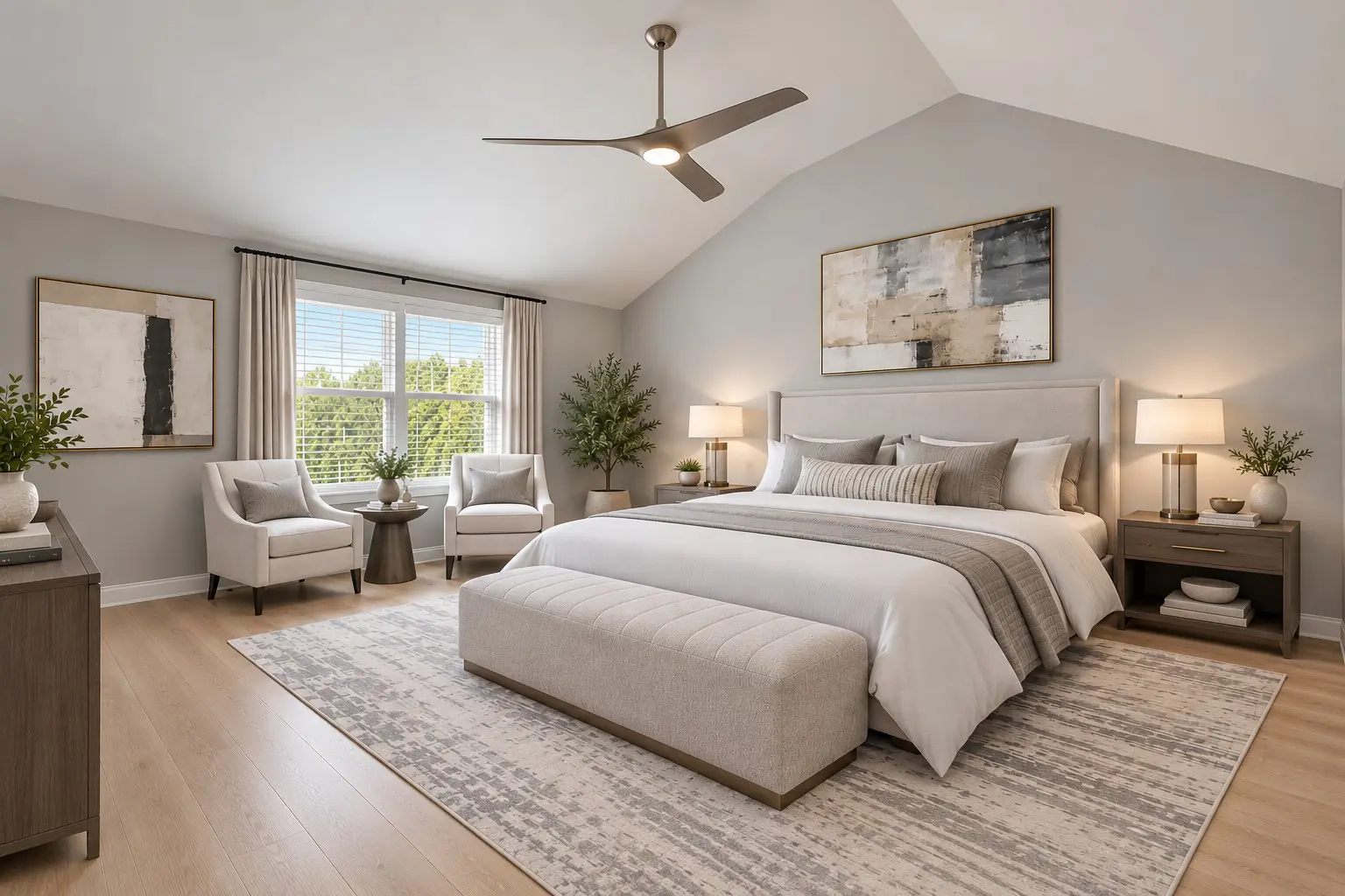 Modern bedroom with vaulted ceiling