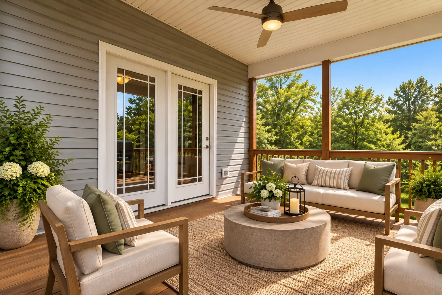 Covered outdoor patio with modern furniture