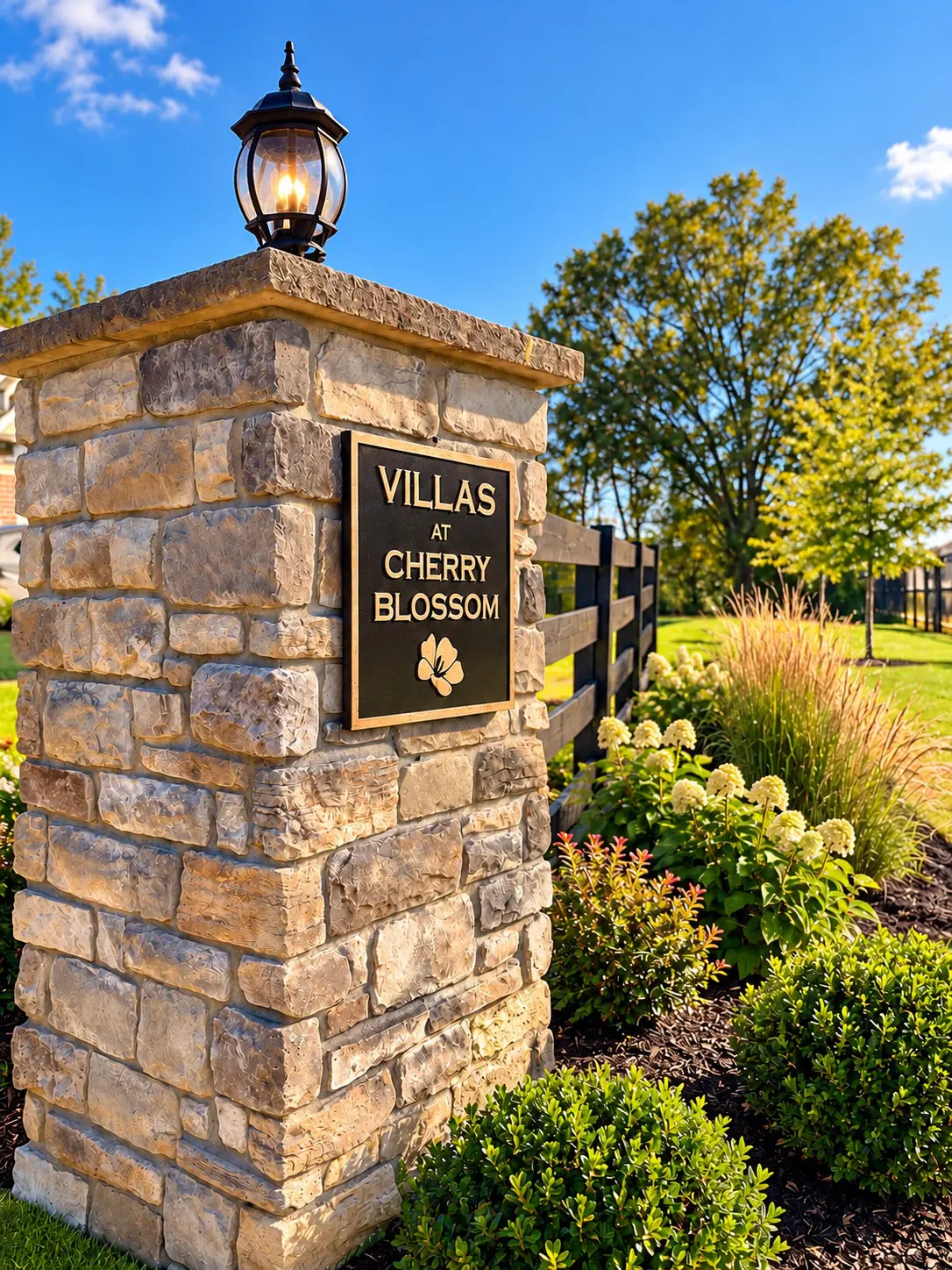 Stone pillar entrance with lamp