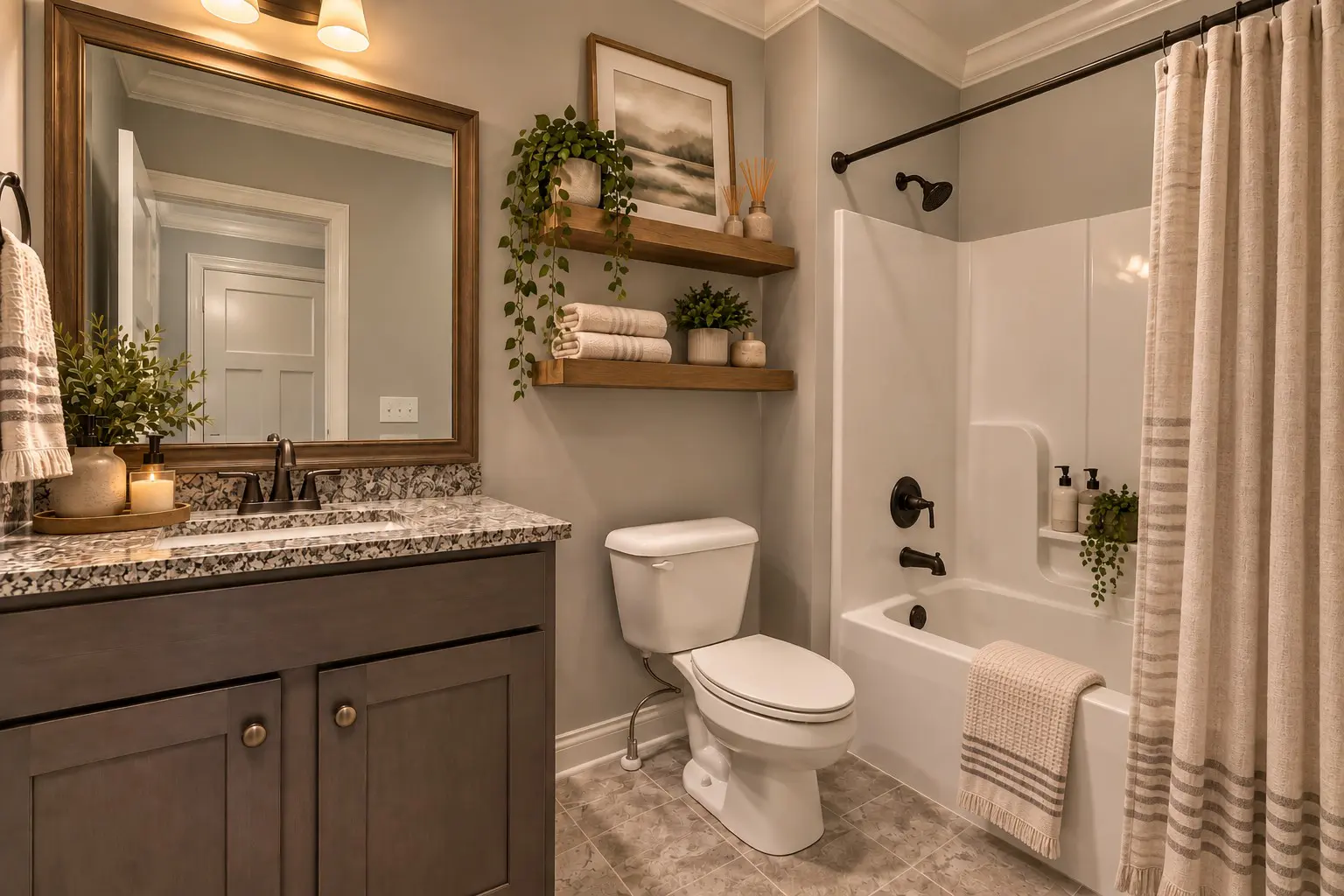 Stylish bathroom with gray walls, wood accents, and plants.