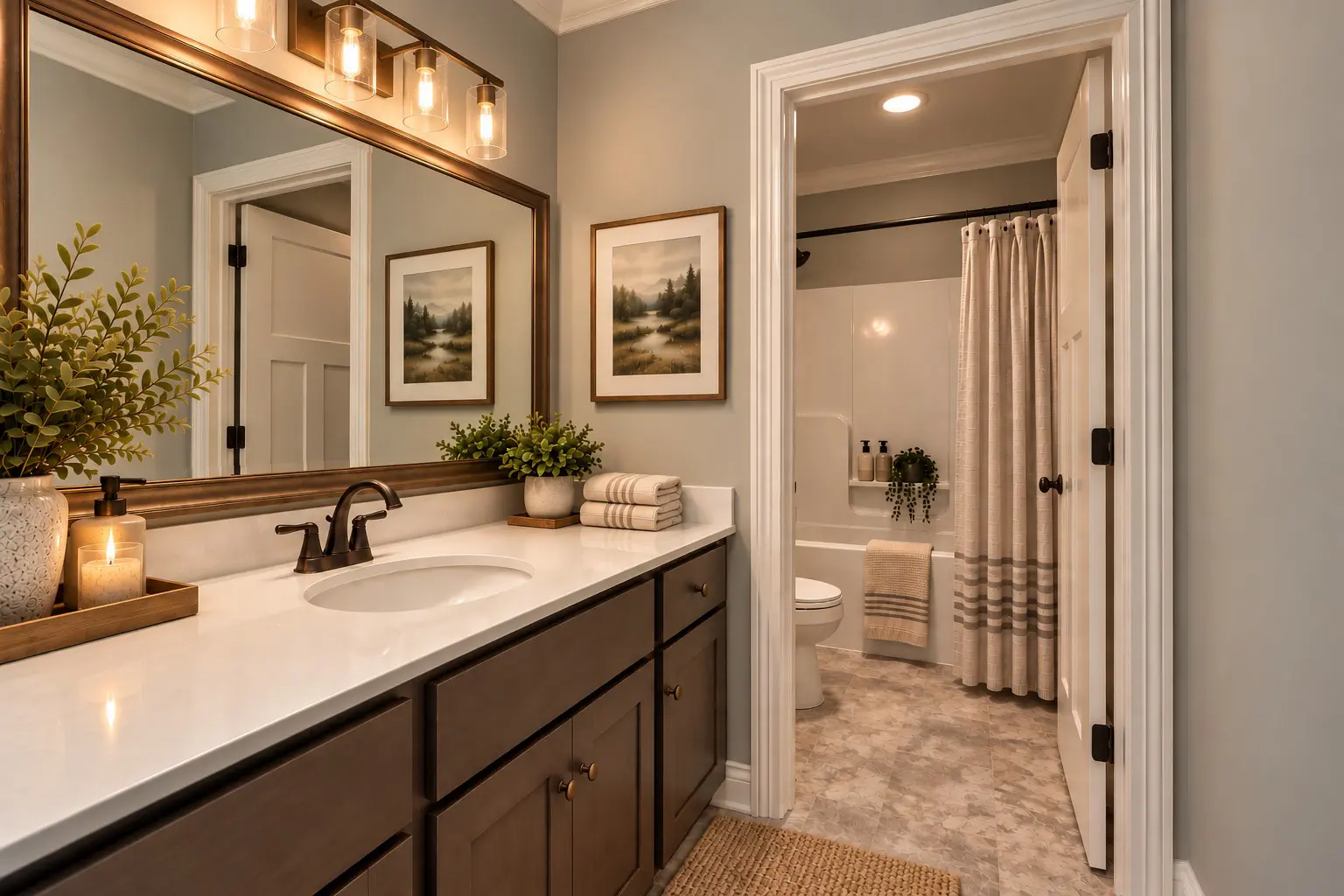 Clean bathroom with wood vanity, white sink