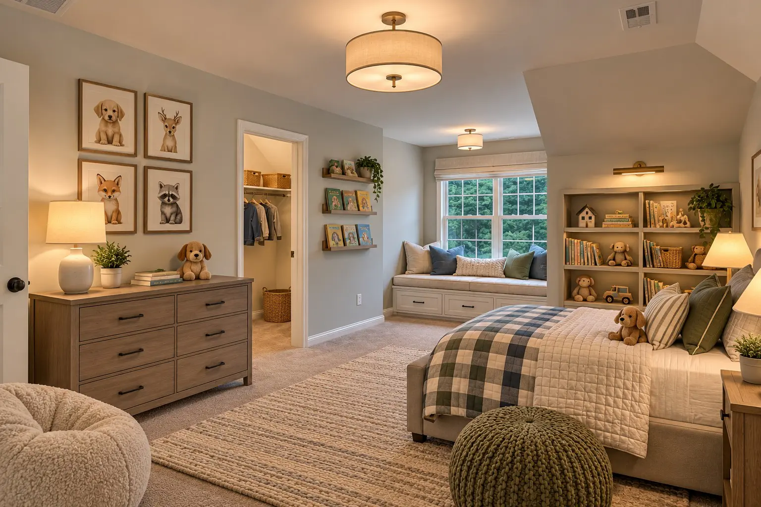 Modern nursery with dresser, closet, and built-in shelves