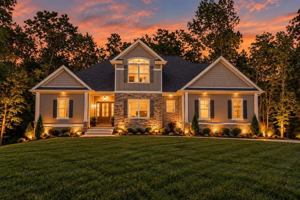 Beautiful house with illuminated landscaping at dusk