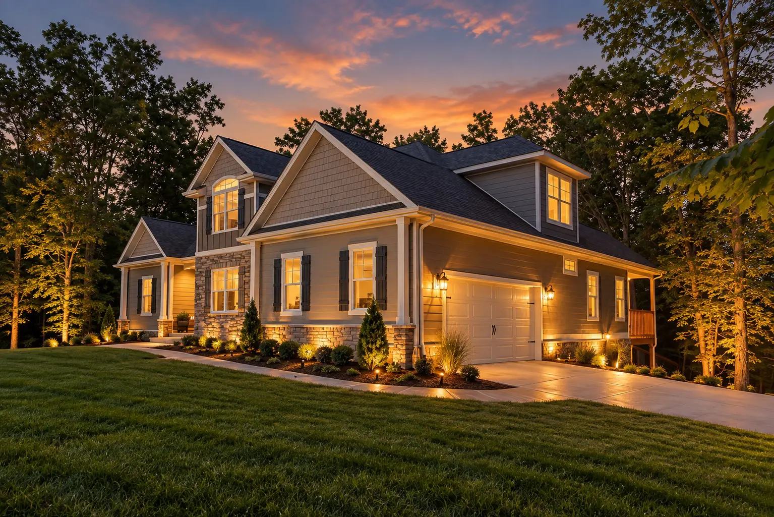 Modern house with stone accents and warm lights