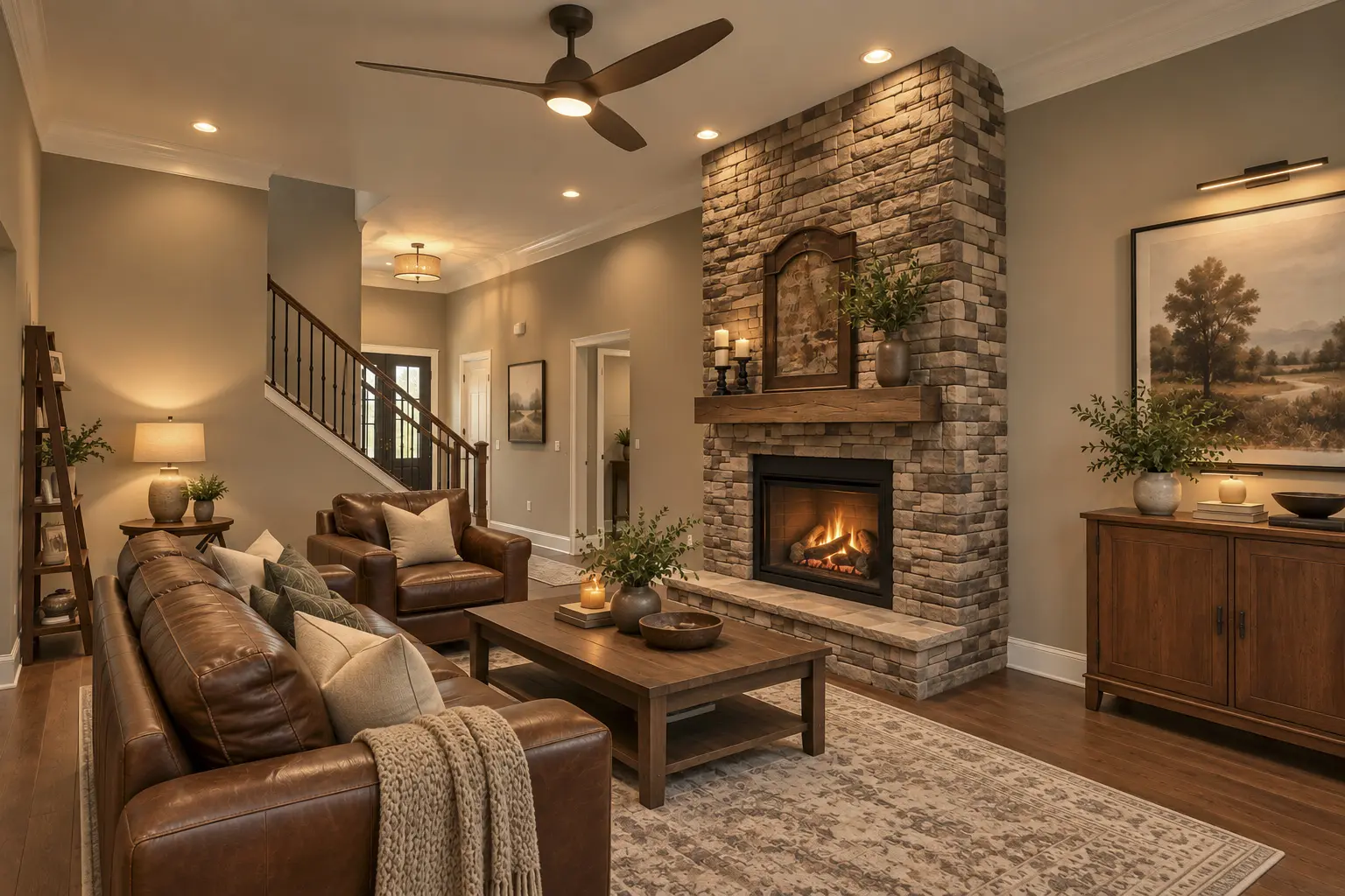 Warm interior design with fireplace and ceiling fan