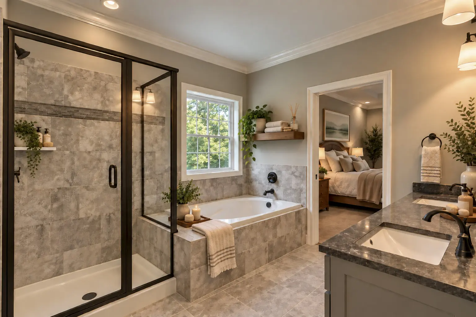 Luxurious bathroom connecting to a cozy bedroom