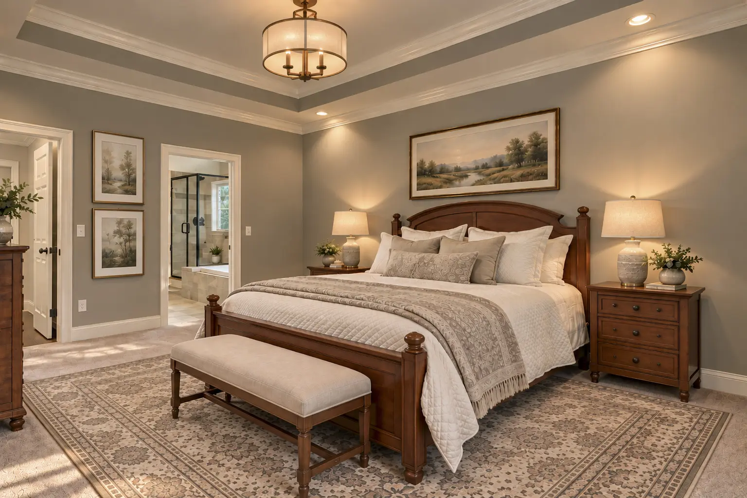 Neutral-toned bedroom with decorative rug