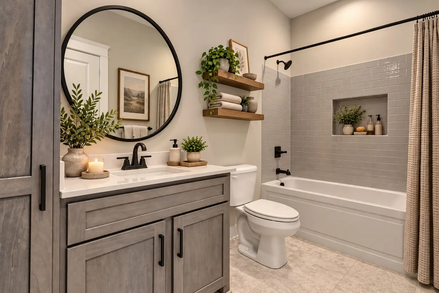 Stylish bathroom decor with plants and round mirror