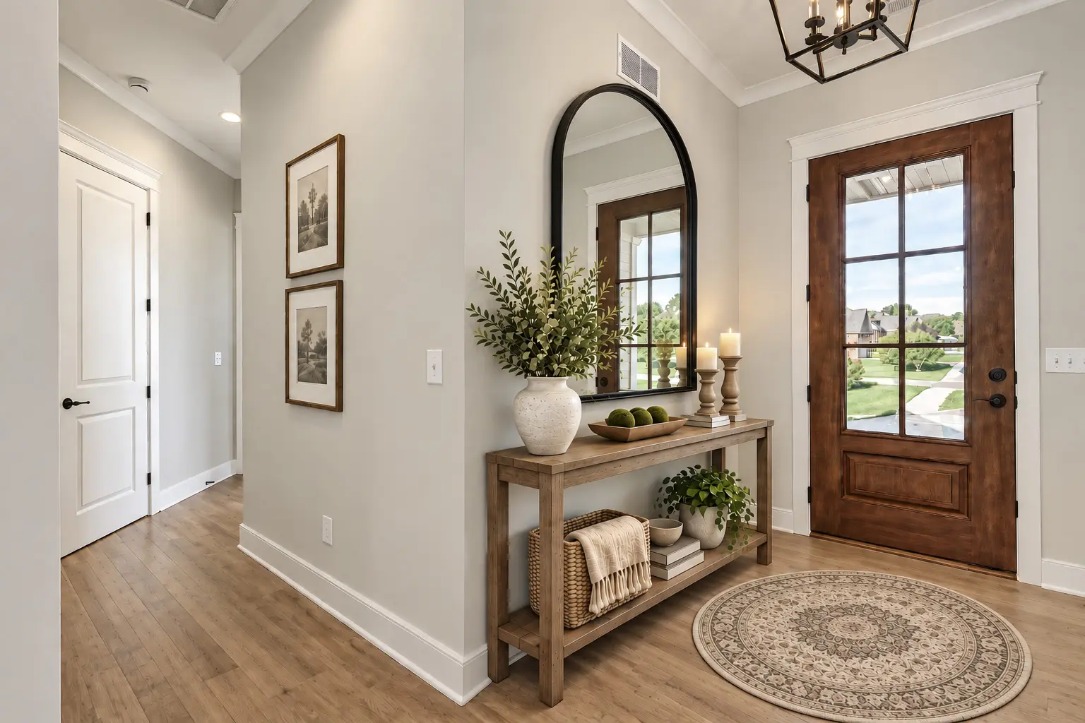 Modern entryway with console table, mirror, and decor