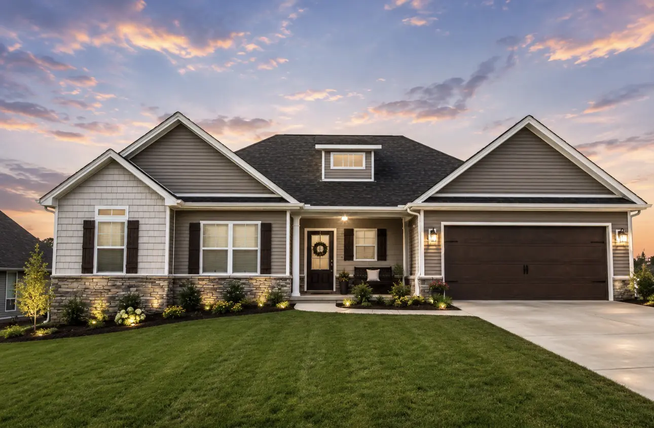 Beautiful home exterior with stone siding and dark shutters