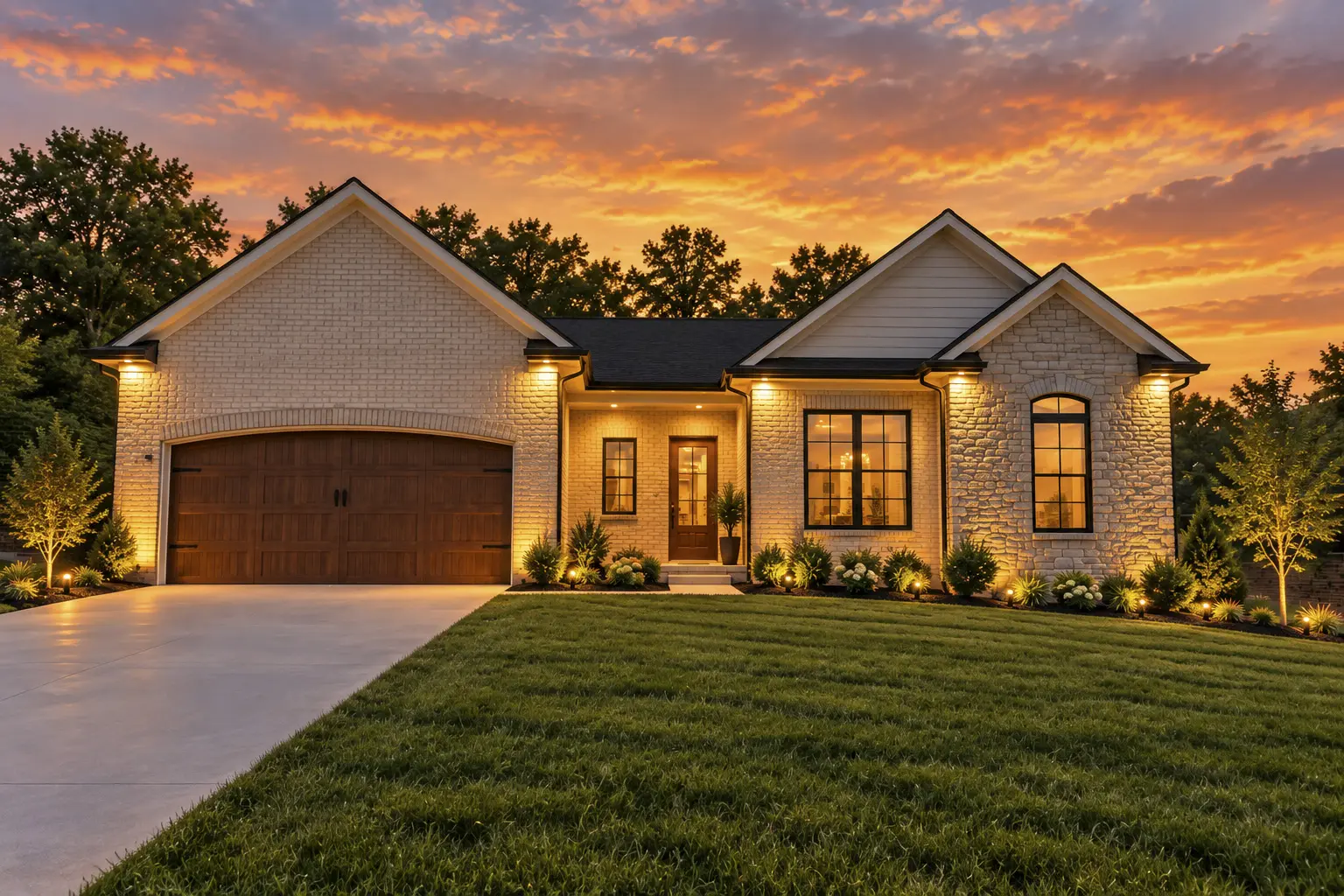 Stone and brick home with vibrant sky