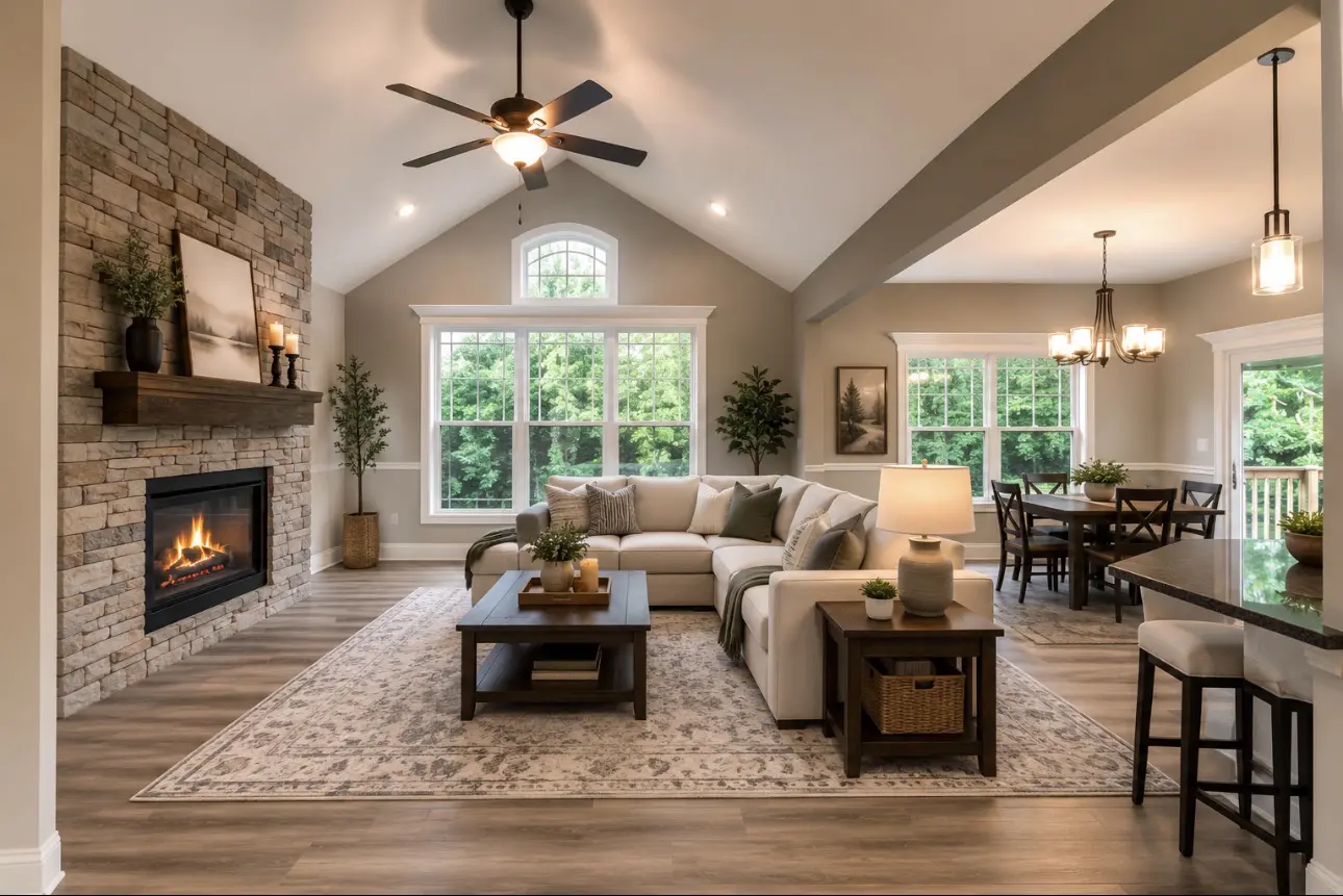 Modern home with sectional sofa and dining