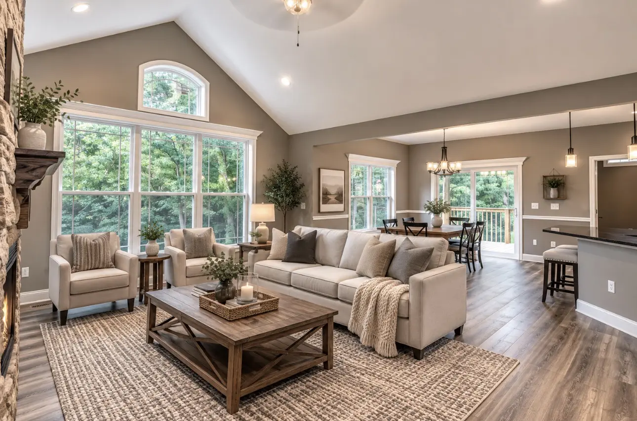Cozy living room with fireplace and forest view
