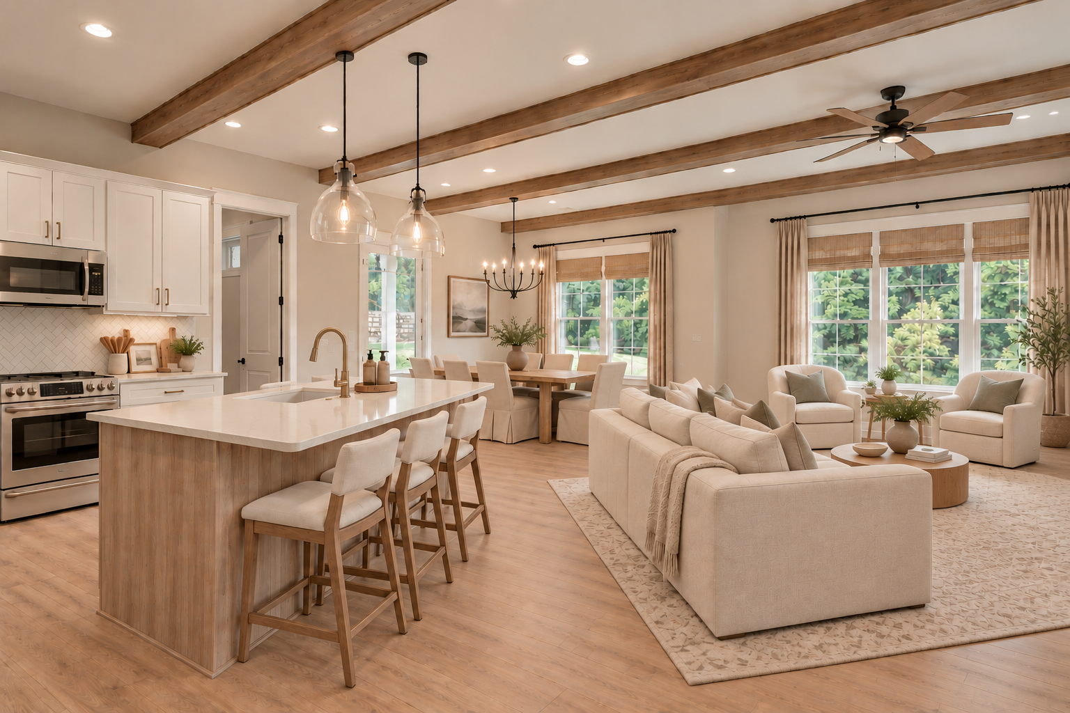 Modern farmhouse interior design with wood beams