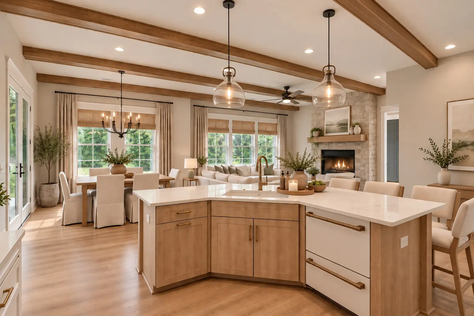 Open concept kitchen, dining, living room