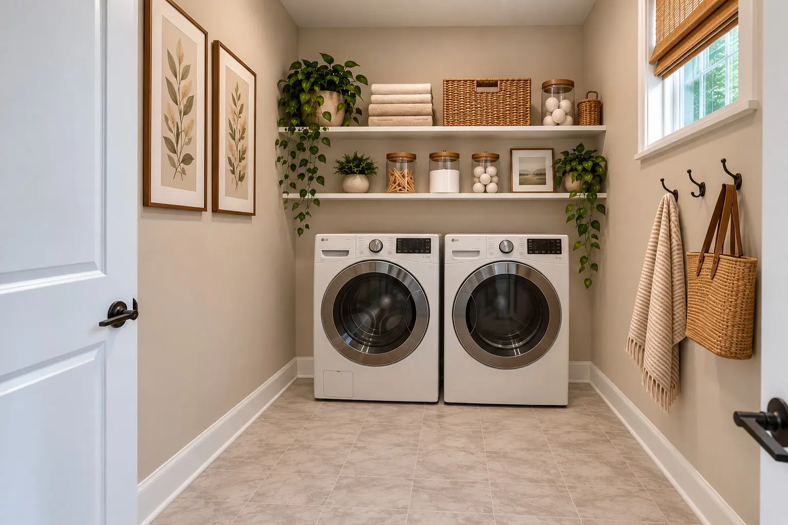 Organized laundry room with shelves and decor