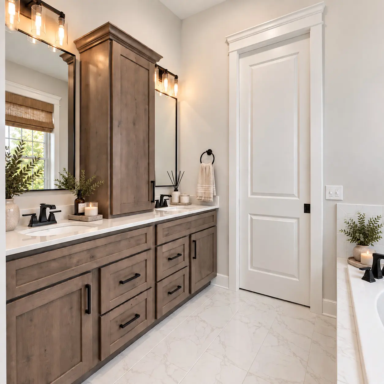 Stylish bathroom with wood cabinets and marble floor