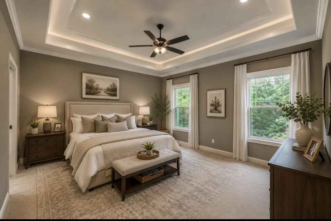 Elegant bedroom with tray ceiling and fan