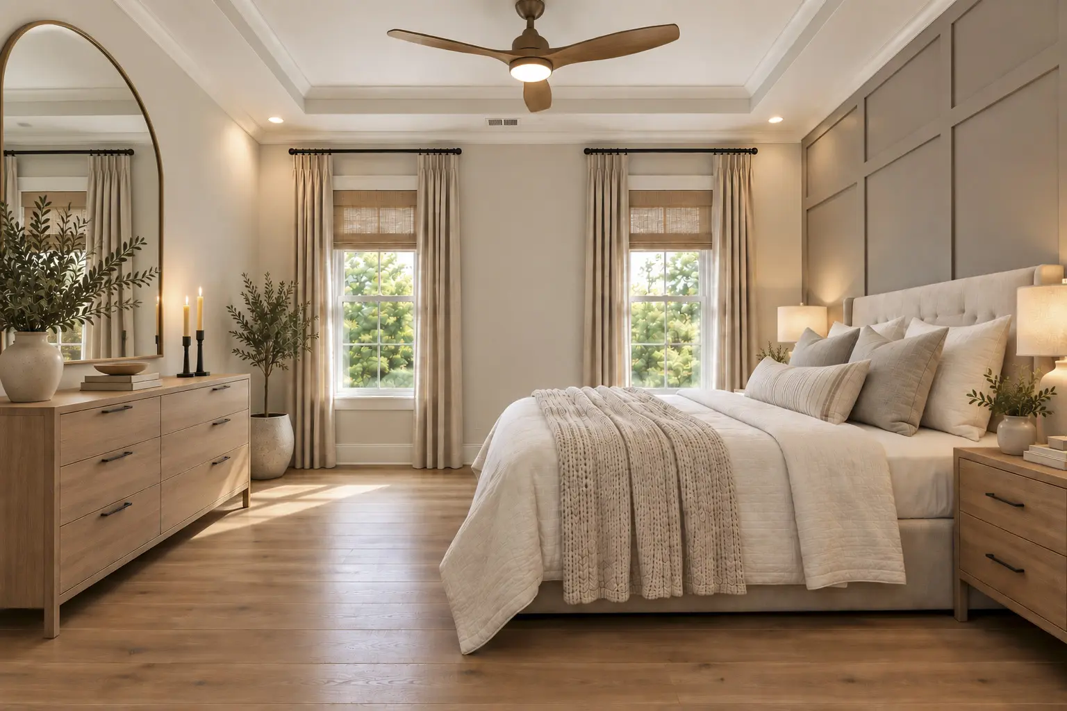 Modern bedroom with wood floors