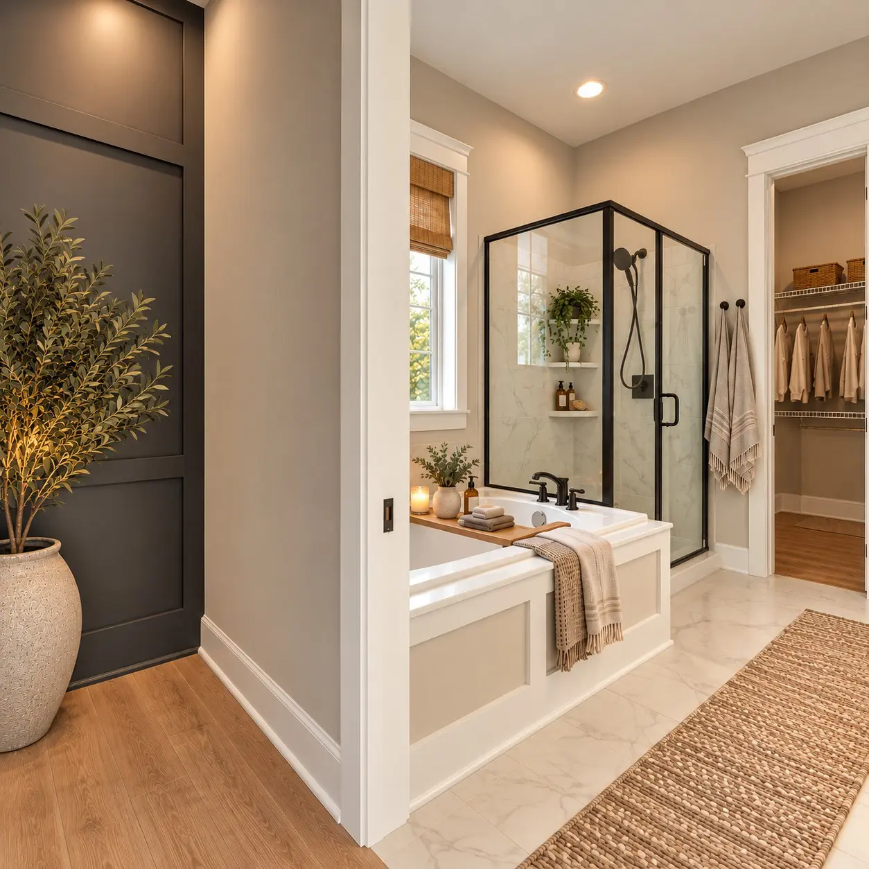 Stylish bathroom with plant, tub, and shower