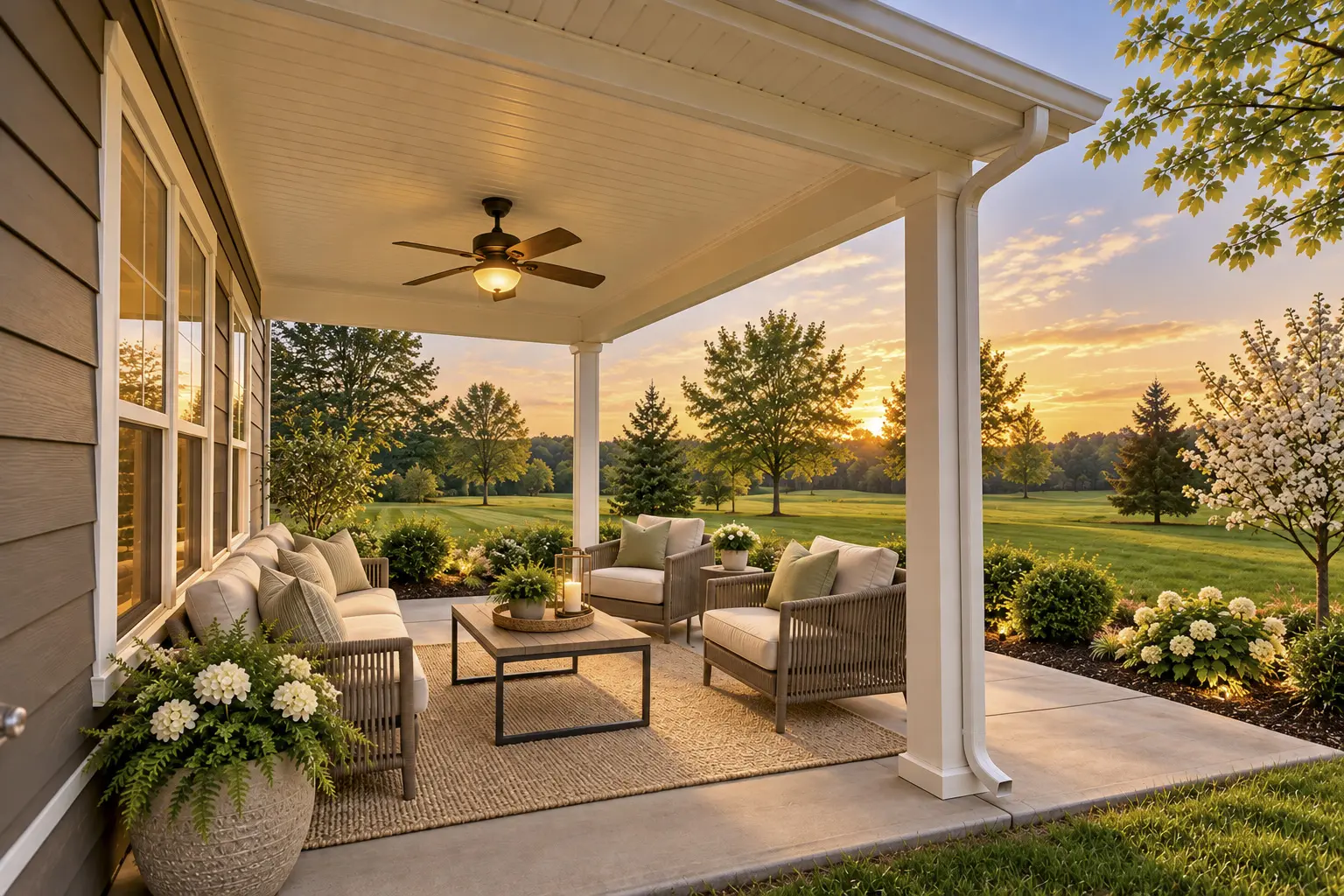 Luxury covered patio at sunset