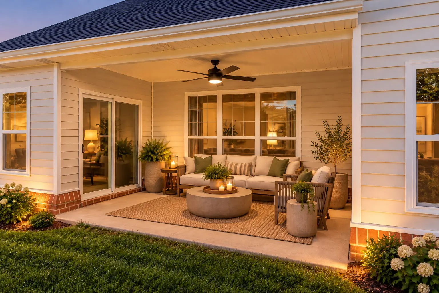 Illuminated patio with ceiling fan and seating