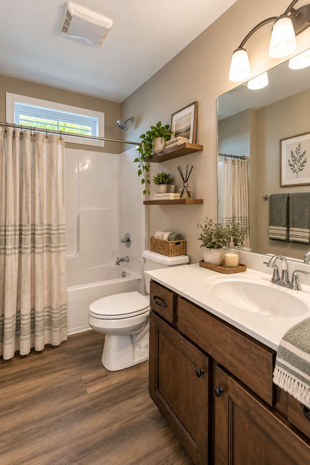 Contemporary bathroom with plants and wood accents