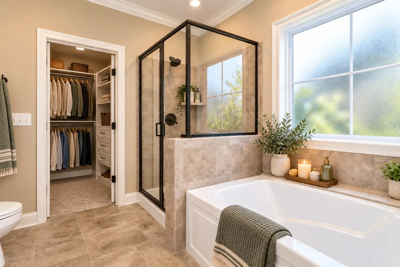 Modern bathroom with shower, tub, and closet.