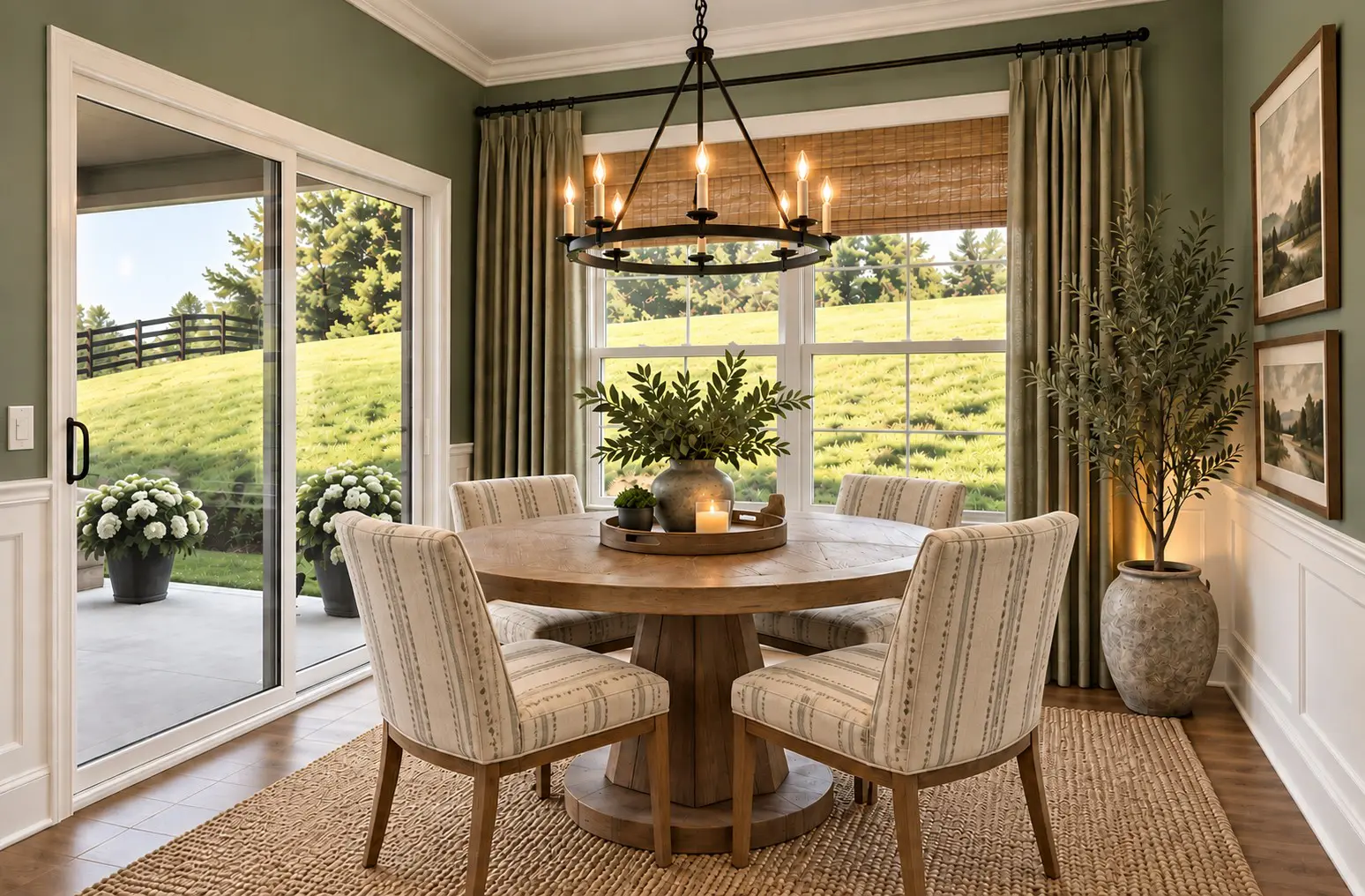 Farmhouse style dining table, chairs, outdoor view