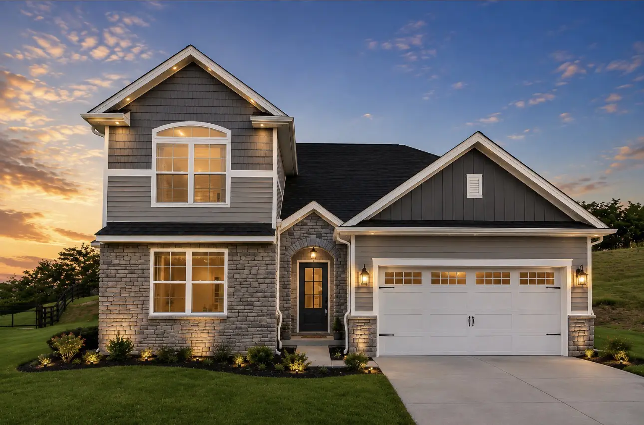 Modern gray house at sunset