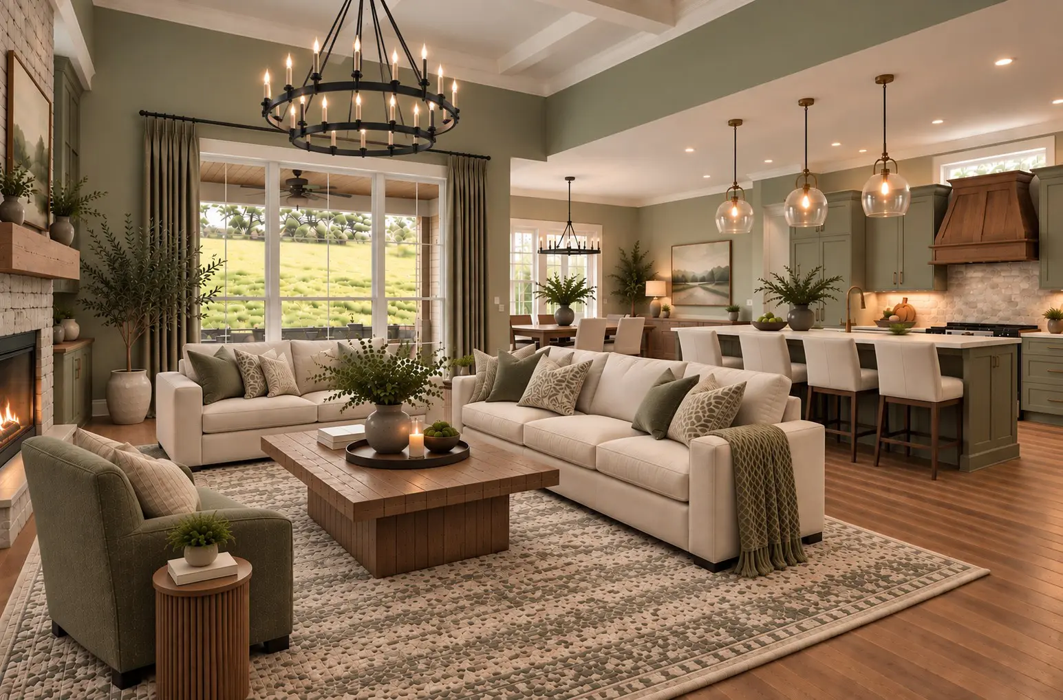 Spacious living room with green accents