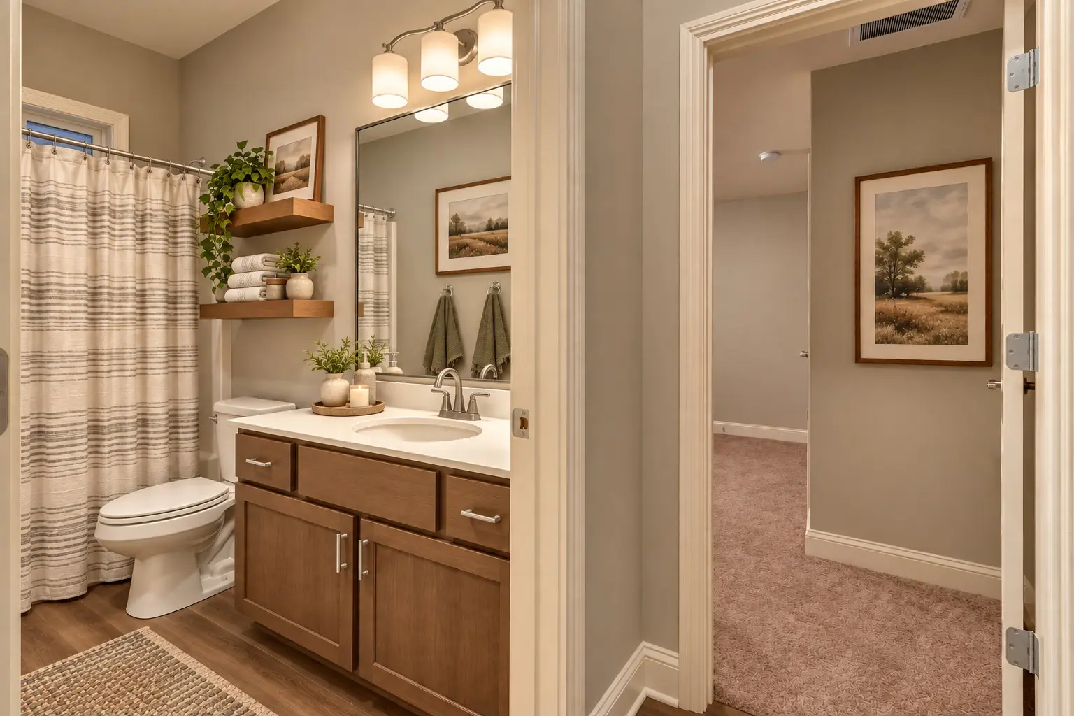 Elegant bathroom and hallway with nature artwork