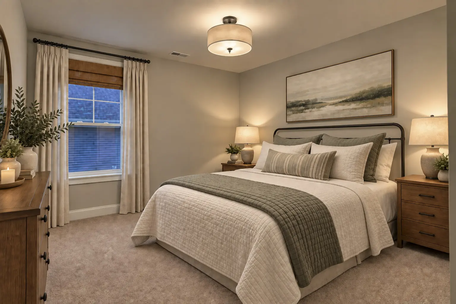 Modern bedroom with green and white bedding