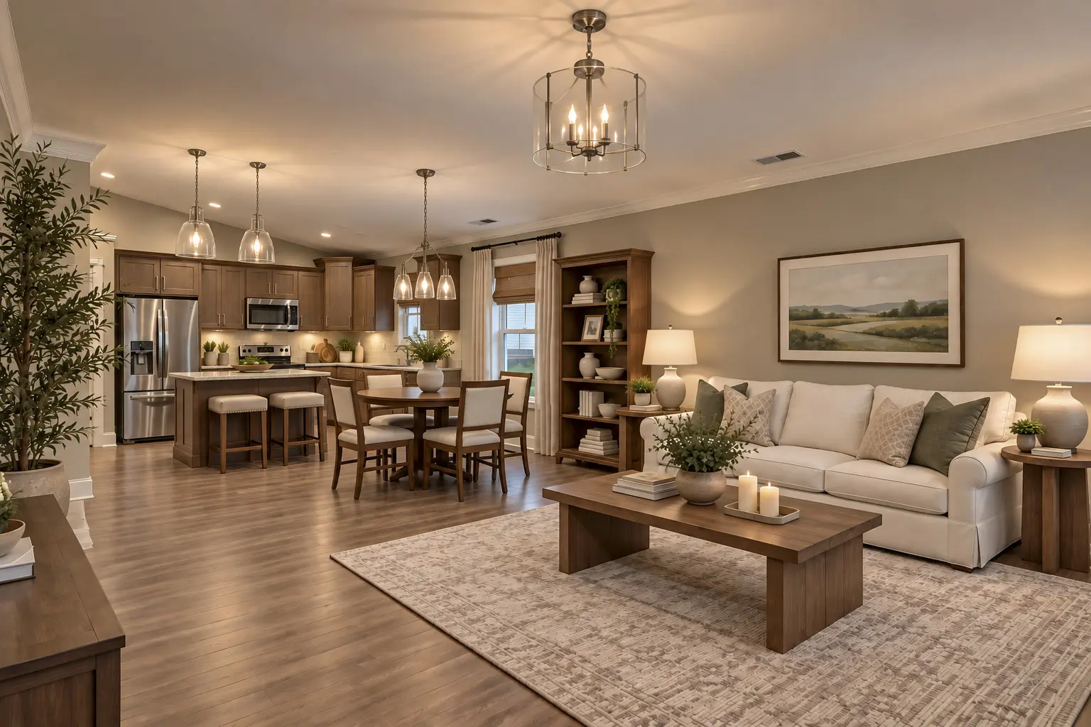 Open concept living room, kitchen, dining area